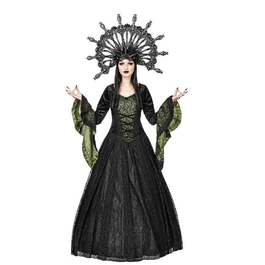 Sinister | Lange gothic jurk Helo, olijf groen satijn onderlaag met zwart kanten overrokken