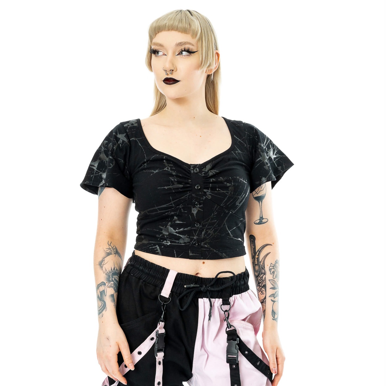 Vixxsin | Gothic top, Shadowglass met diepe halslijn wijde mouwtjes en veter op de rug