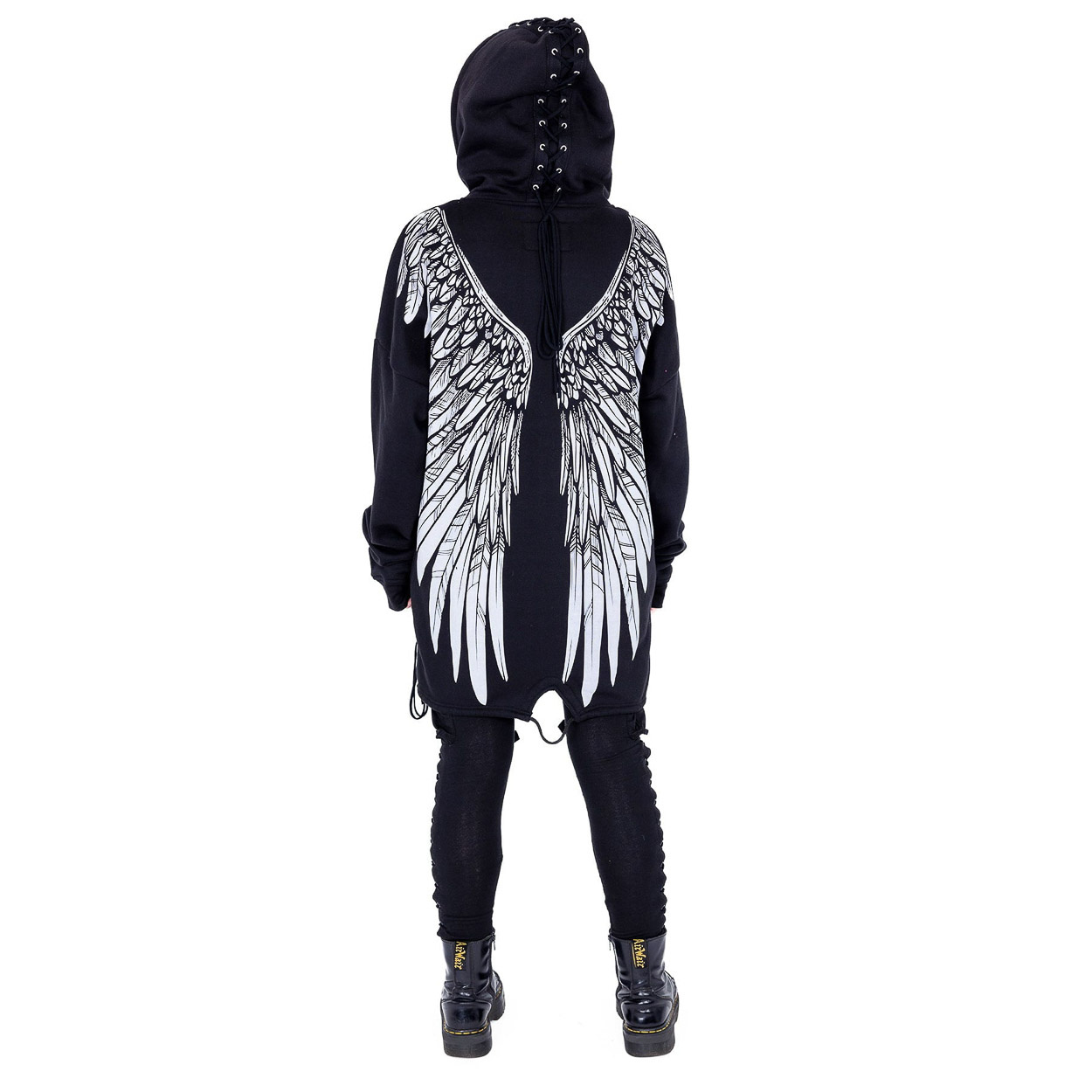 Vixxsin | Gothic hoody Asmodeus met veter details en vleugels op het rugpand