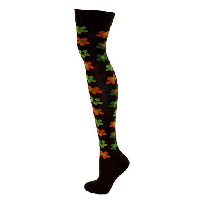 Macahel | Overknee sokken bruin met groen en oranje Retro bloemen