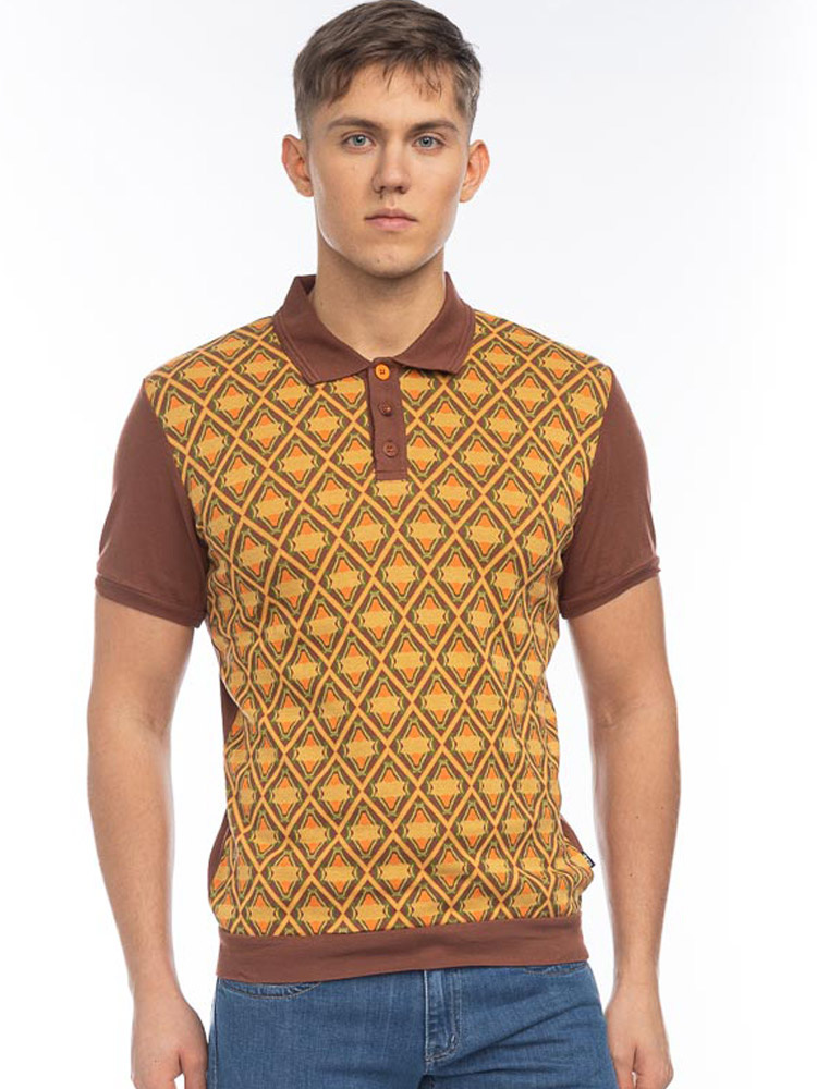 ATO Berlin | Polo Enzio, biokatoen bruin met geel retro jacquard patroon ATO Berlin | Polo Enzio, biokatoen bruin met geel retro jacquard patroon