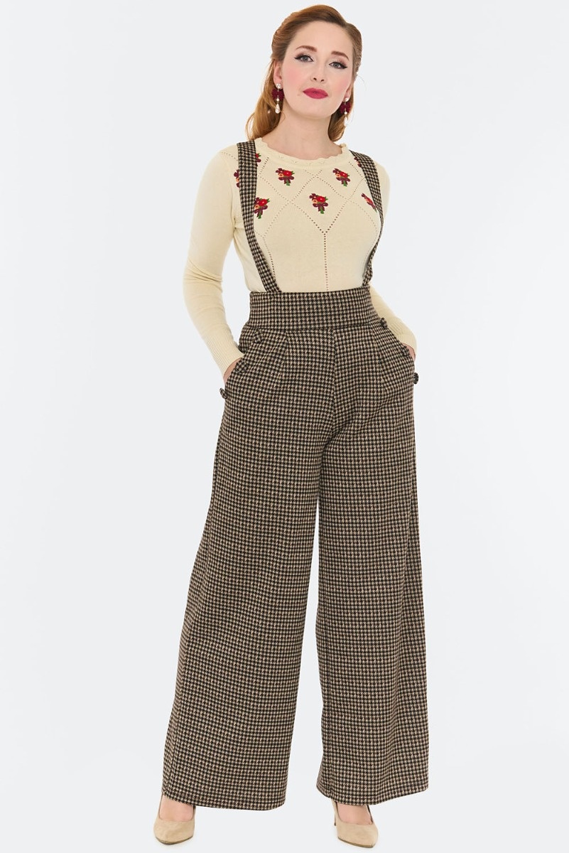 Voodoo Vixen | Bruine Houndstooth pantalon met hoge taille en afneembare bretels Voodoo Vixen | Bruine Houndstooth pantalon met hoge taille en afneembare bretels