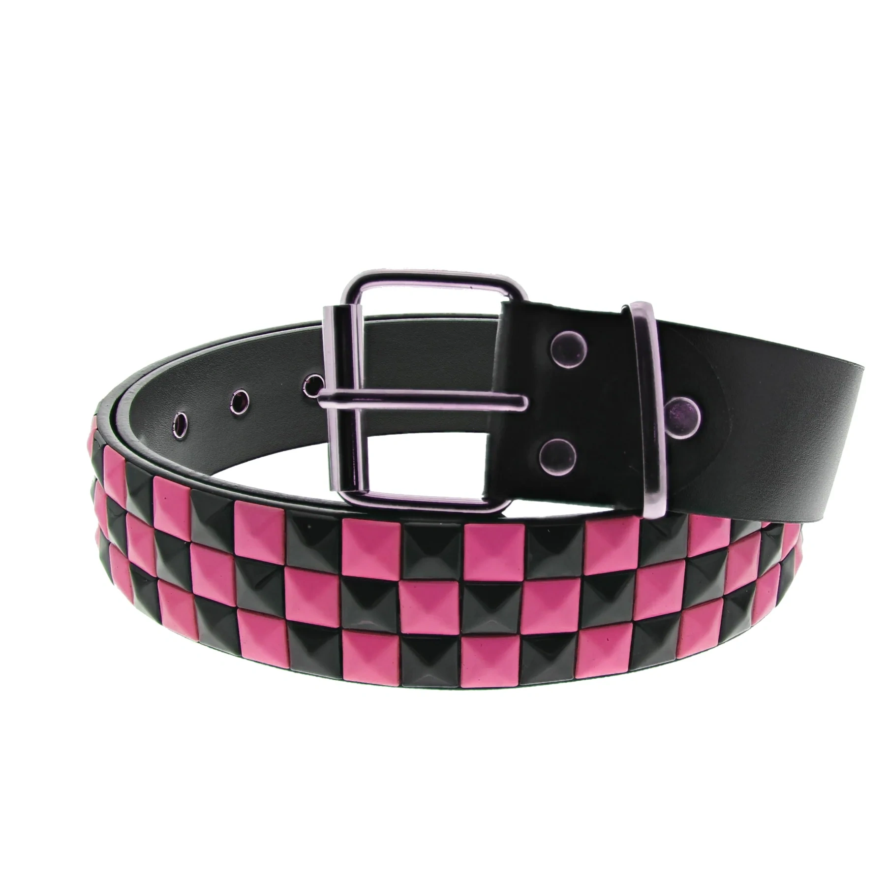 Zacharia | Riem van PU met 3 rijen zwart roze piramides studs
