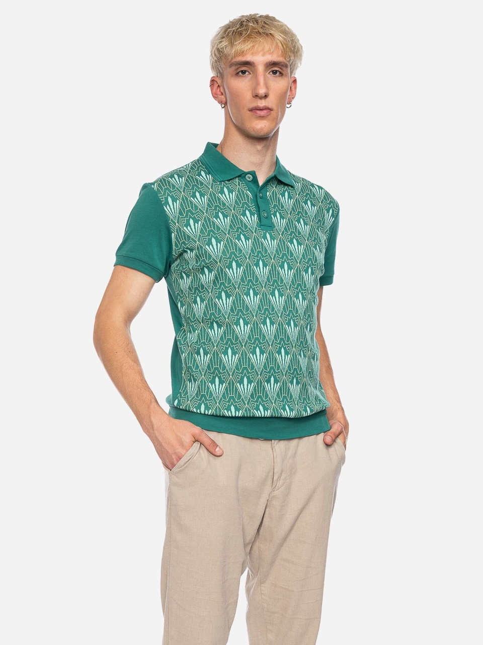 ATO Berlin | Polo Enzio met lichtgroen jacquard patroon en korte mouw, bio