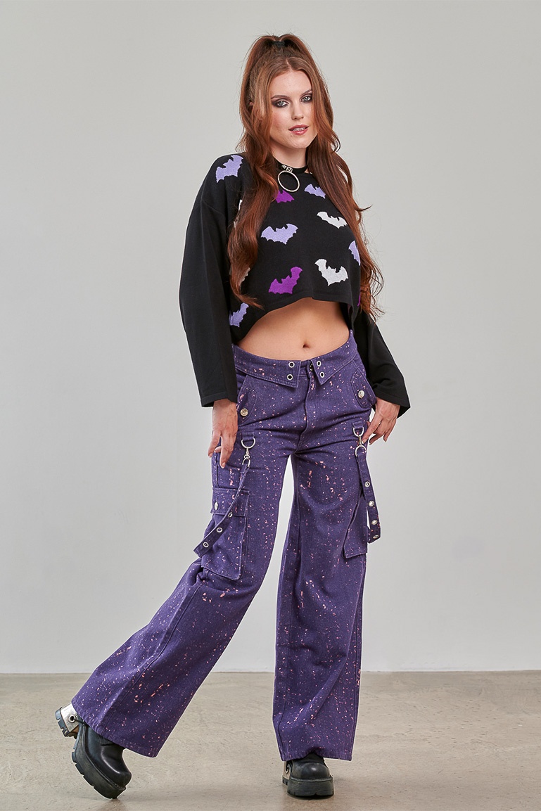 Banned | Funky retro broek, Candy paarse met verf-spatjes, straps en zakken Banned | Funky retro broek, Candy paarse met verf-spatjes, straps en zakken