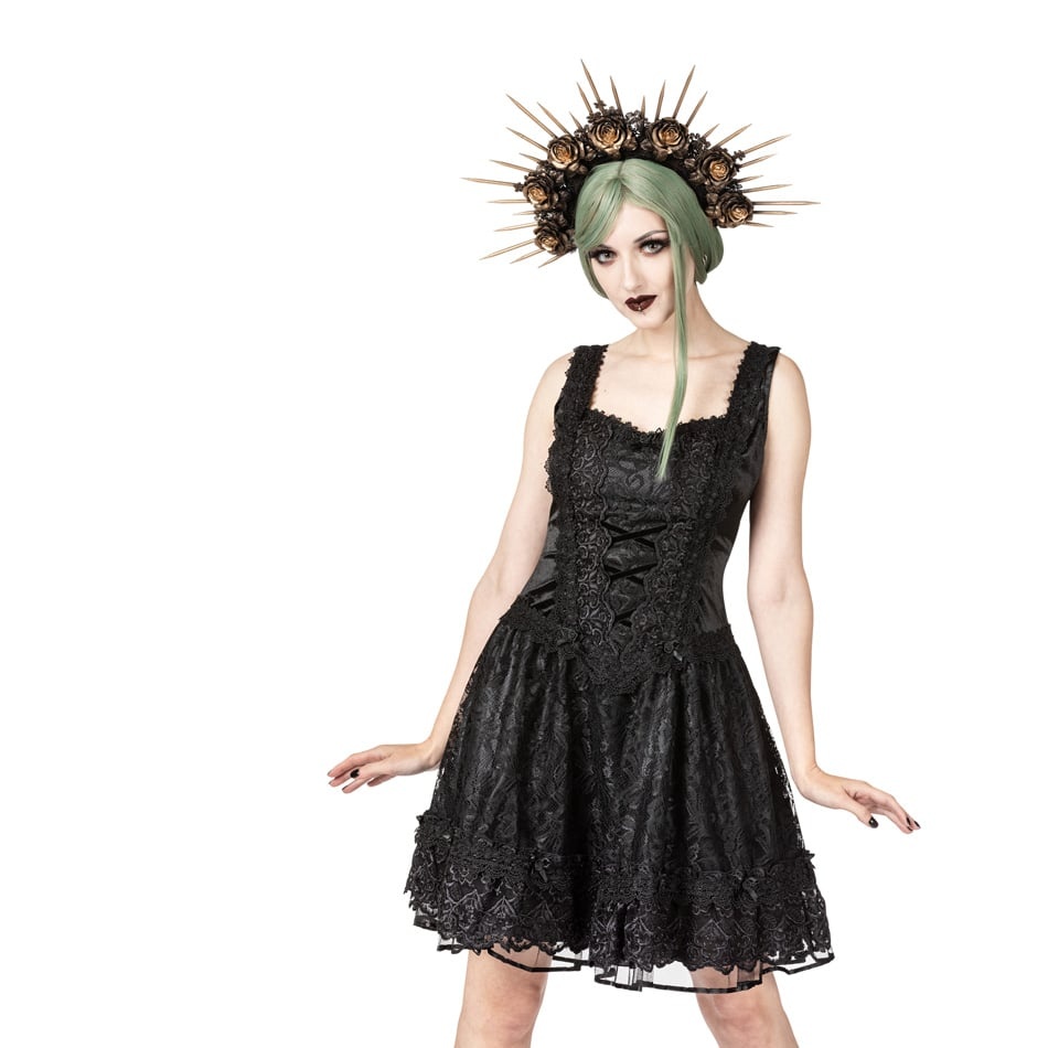 Sinister | Gothic Lolita mini-jurk Rosie, zwart kant met zwart satijn