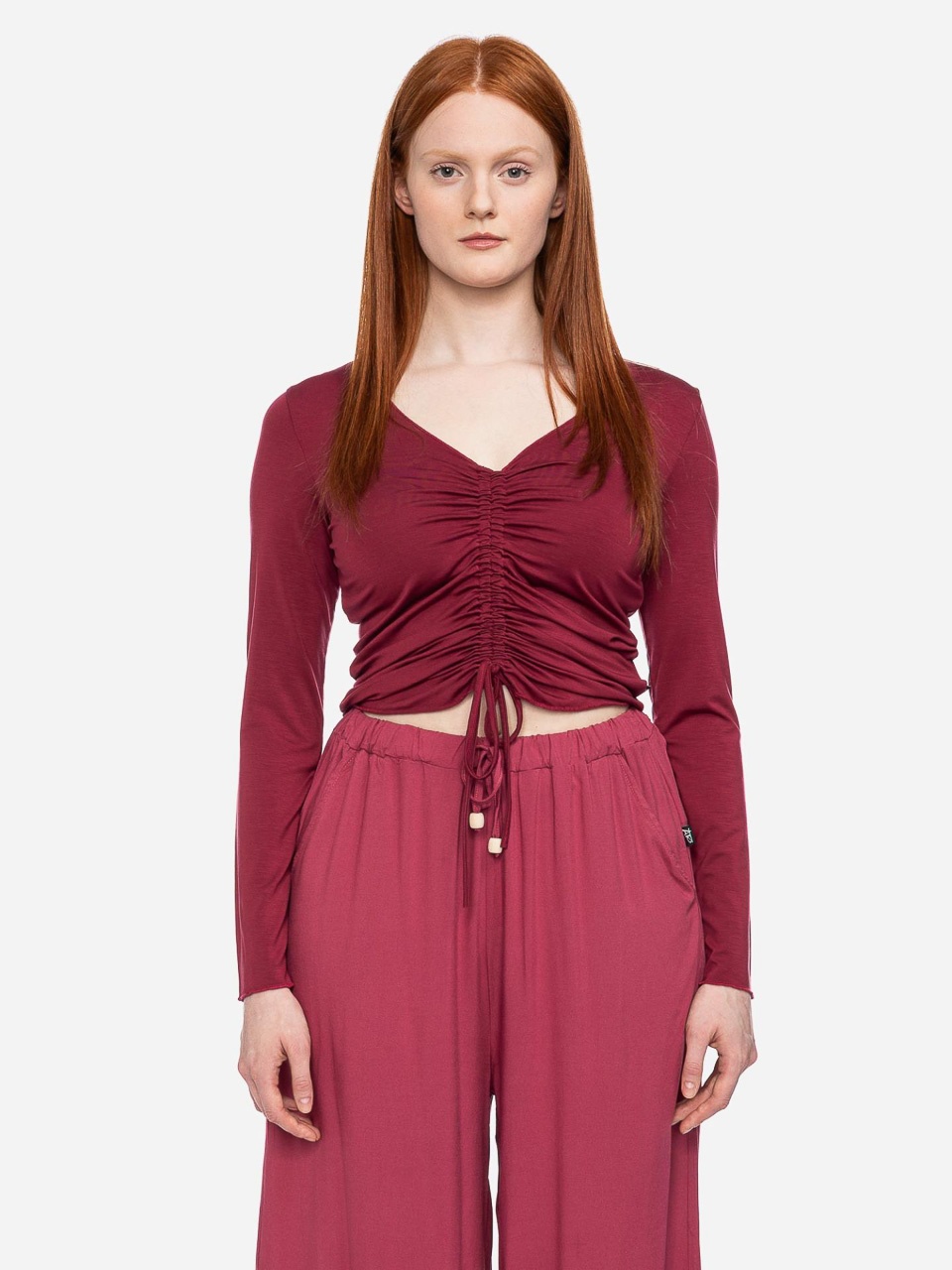 ATO Berlin | Lange mouw top Tinah, v-hals bordeaux rode eco viscose