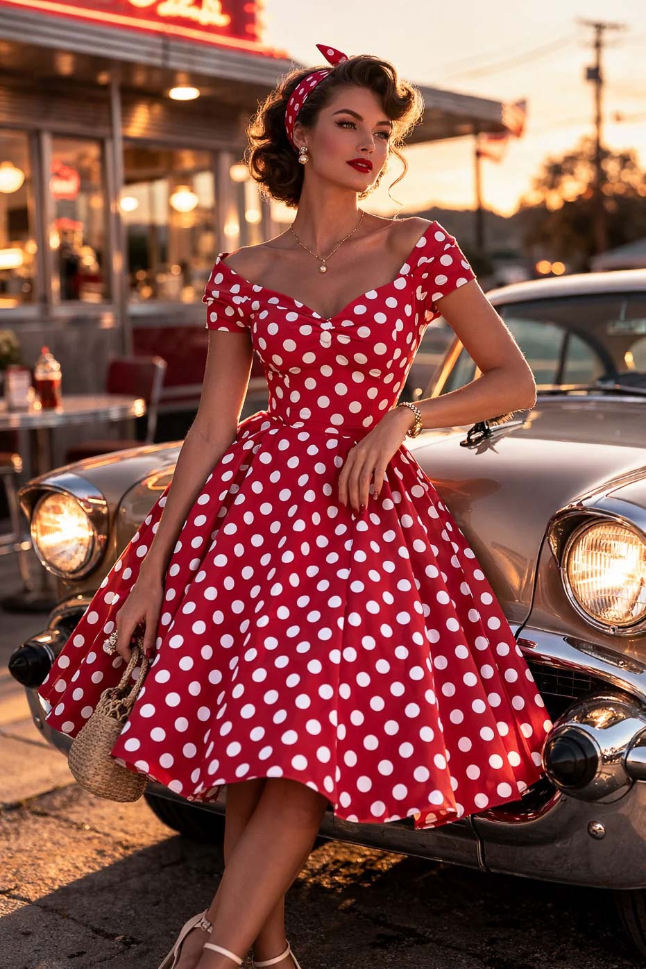 Dolly and Dotty | Jurk Lily off shoulder vintage swing jurk, rood met witte strippen 