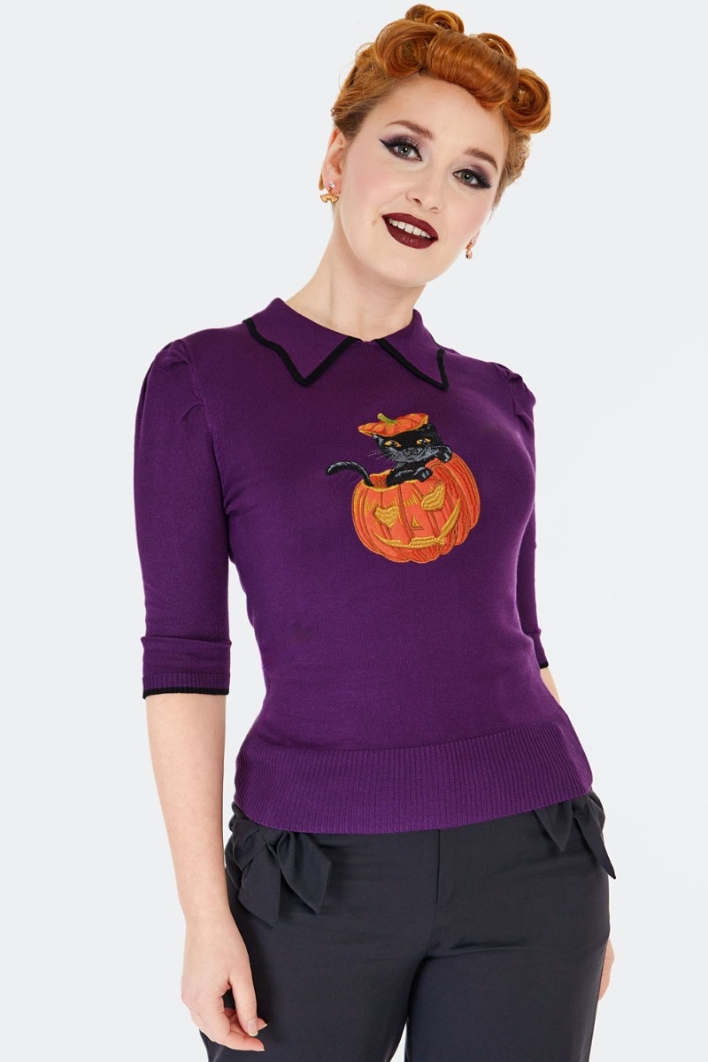 Voodoo Vixen | Paars truitje met 3/4 mouwen met een Halloween pumpkin met kat