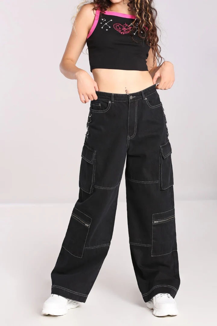 Hell Bunny | Zwarte baggy jeans broek Cameron, met zakken en D-ringen