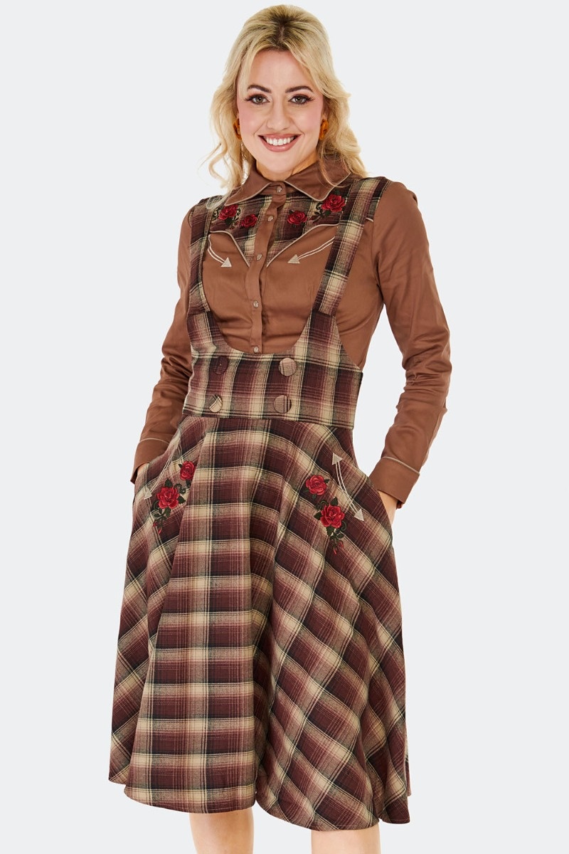 Voodoo Vixen | Bruin geruite jaren '70 Western rok met rozenborduursel hoge taille en schouderbanden