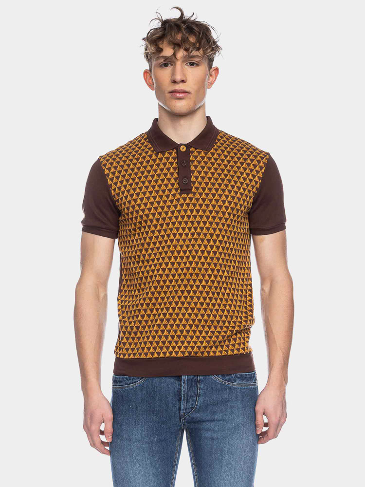 ATO Berlin | Polo Enzio bio katoen met bruin geel jacquard patroon