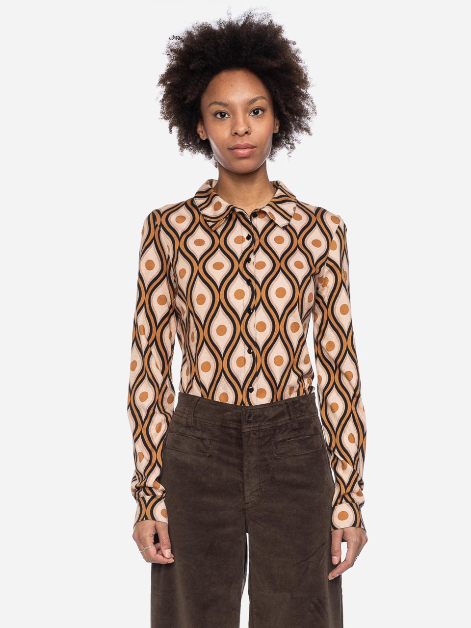 ATO Berlin | Blouse Arabella, cognac beige grafisch retro patroon ATO Berlin | Blouse Arabella, cognac beige grafisch retro patroon