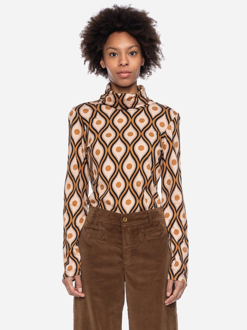 ATO Berlin | Cognac beige retro print coltrui Rolli met lange mouw ATO Berlin | Cognac beige retro print coltrui Rolli met lange mouw