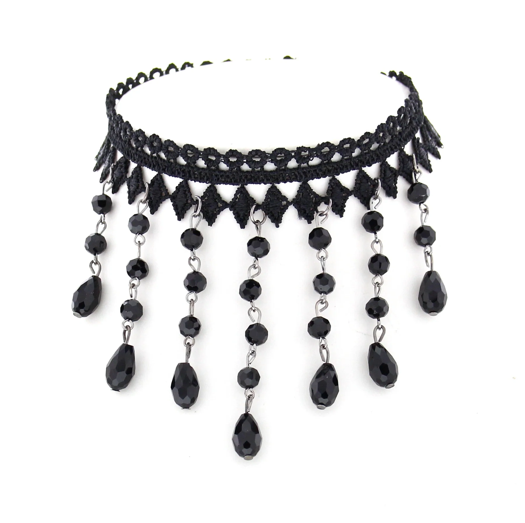 Zacharia | Choker van zwart kant en zwarte parels aan kettinkjes