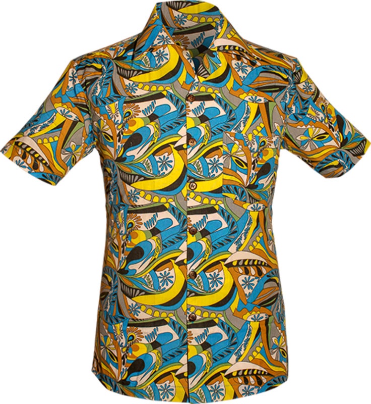 Chenaski | Overhemd korte mouw, psychedelic flowers, creme blauw geel