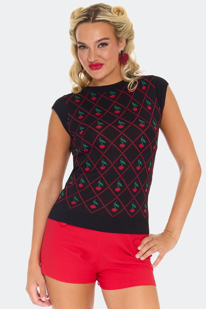 Voodoo Vixen | Zwarte jaren '50 top met kapmouwtjes en rood ruitmotief met Rock 'n Roll kersen