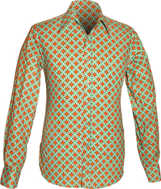 Chenaski | overhemd Seventies Flower lichtblauw met oranje bloemetjes