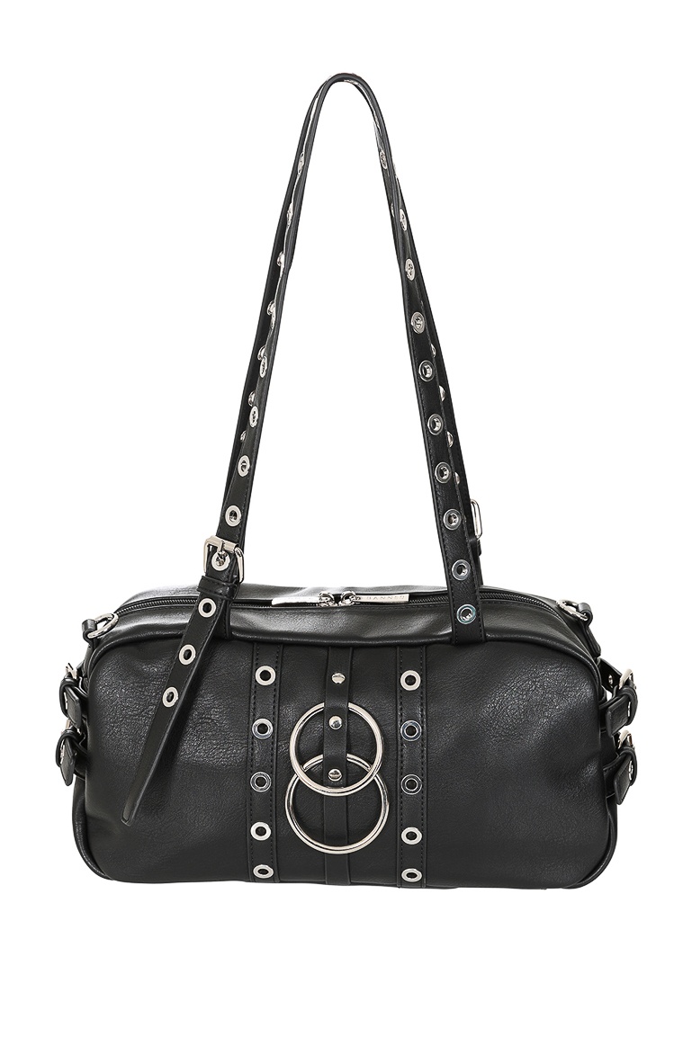 Banned | Rock 'n Roll handtas, zwart met ringen, eyelets en ritssluiting Banned | Rock 'n Roll handtas, zwart met ringen, eyelets en ritssluiting