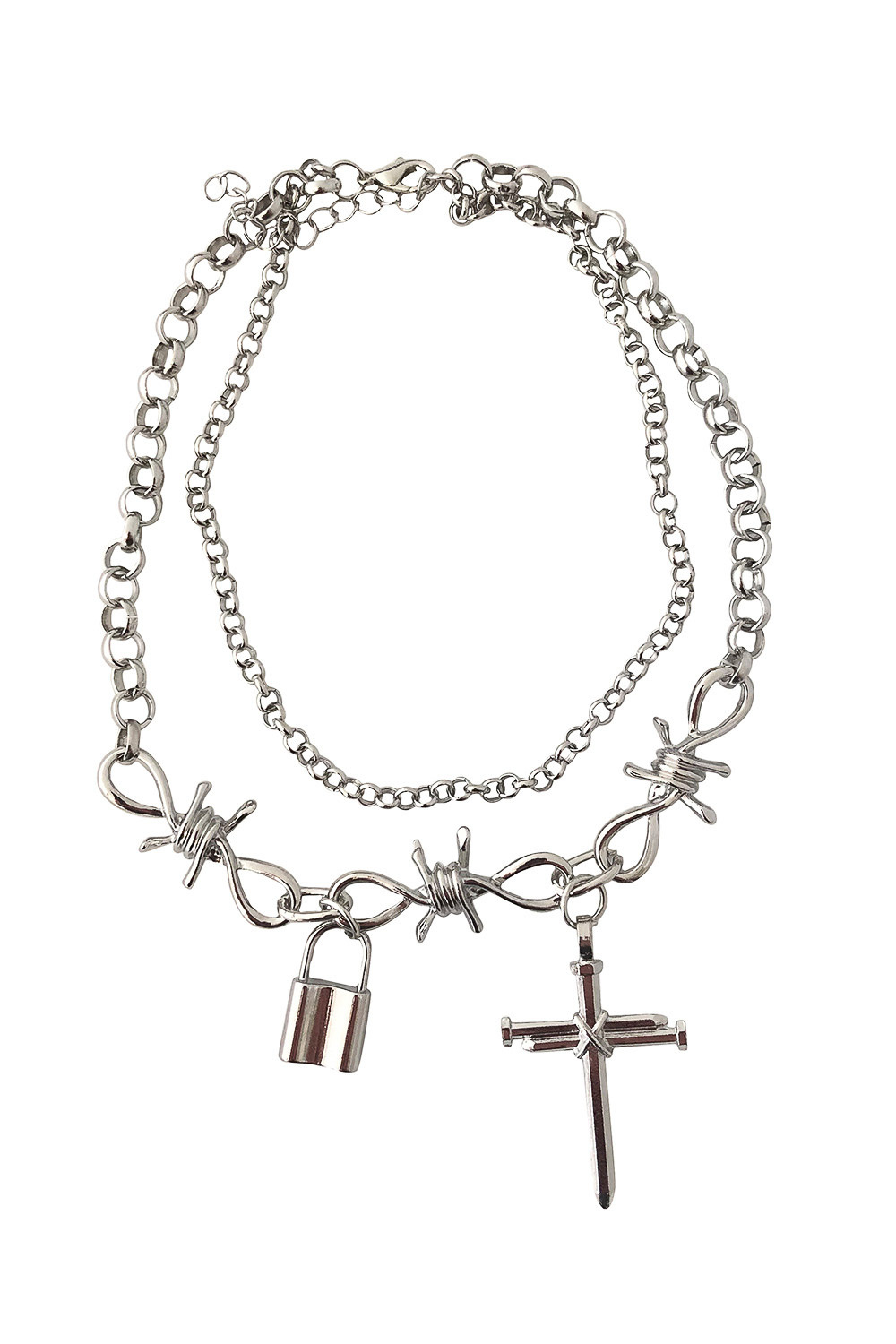 Banned | Goth halsketting Polymorph met dubbele ketting, kruis en slotje Banned | Goth halsketting Polymorph met dubbele ketting, kruis en slotje