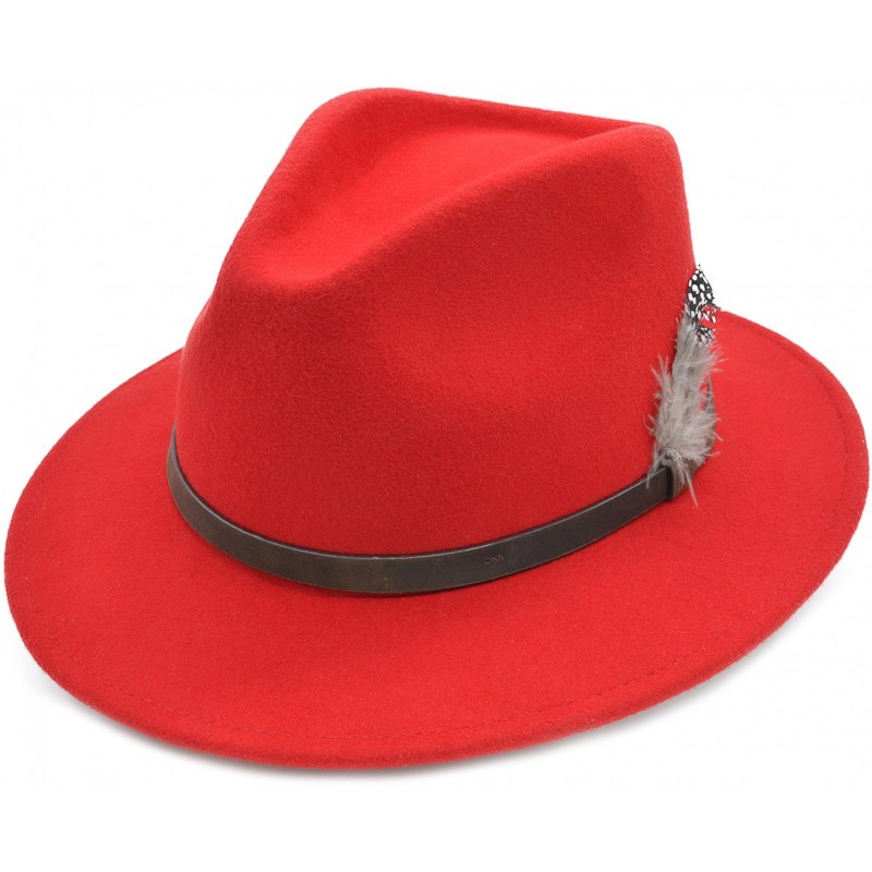 Cowboy Fedora hoed, rood met leren band en veer Cowboy Fedora hoed, rood met leren band en veer