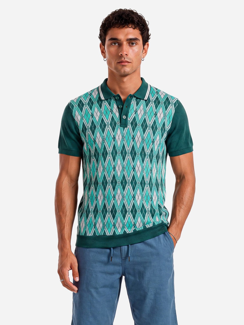 ATO Berlin | Polo Enzio met groen-mint jacquard patroon en korte mouw, bio ATO Berlin | Polo Enzio met groen-mint jacquard patroon en korte mouw, bio