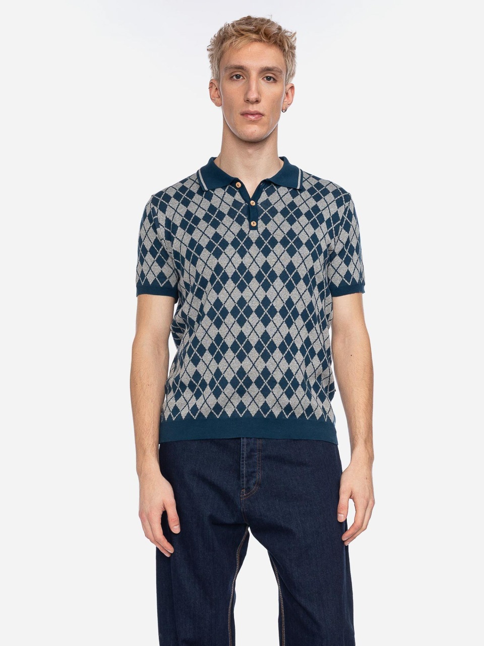 ATO Berlin | Polo Maron bio katoen met donkerblauw en grijs geruit retro patroon