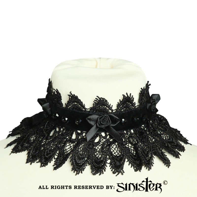 Choker Evi, kant en satijnen rozen, zwart Choker Evi, kant en satijnen rozen, zwart