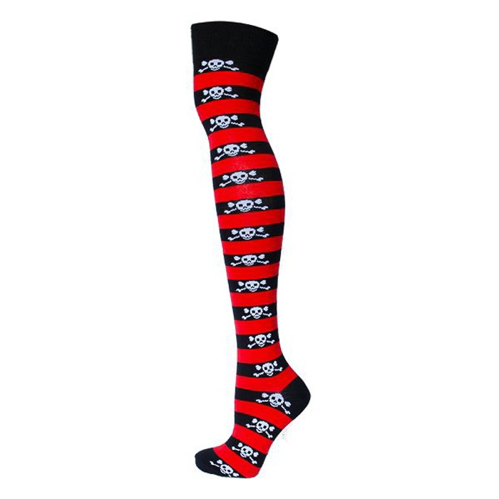 Macahel | Overknee sokken zwart rood gestreept met witte skulls Macahel | Overknee sokken zwart rood gestreept met witte skulls