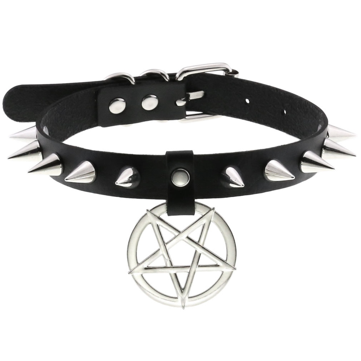 Bullet69 | Choker van zwart leer met studs en een loep met pentagram