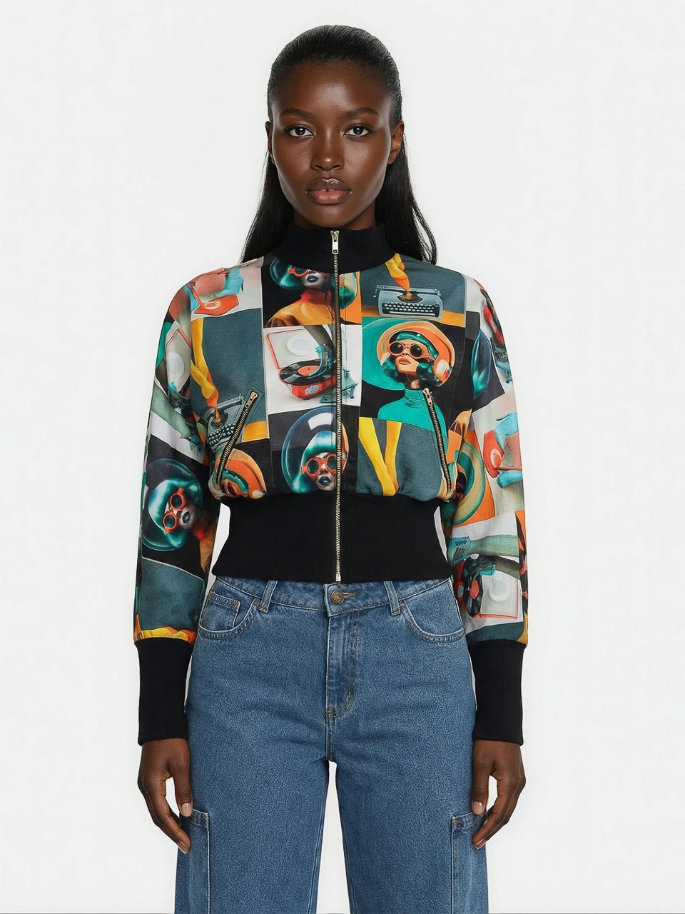 ATO Berlin | Retro vest Fleder, met power-print en brede zwarte boorden ATO Berlin | Retro vest Fleder, met power-print en brede zwarte boorden