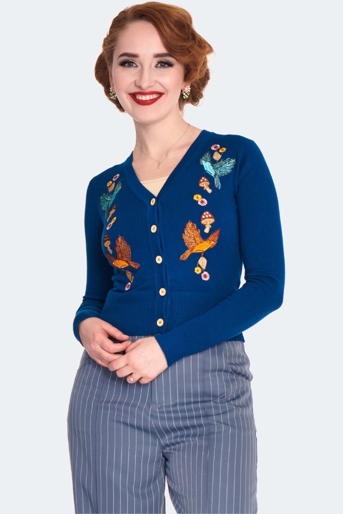 Voodoo Vixen | Blauwe cardigan Woodland met vogel, paddenstoelen en herfst-borduursels Voodoo Vixen | Blauwe cardigan Woodland met vogel, paddenstoelen en herfst-borduursels