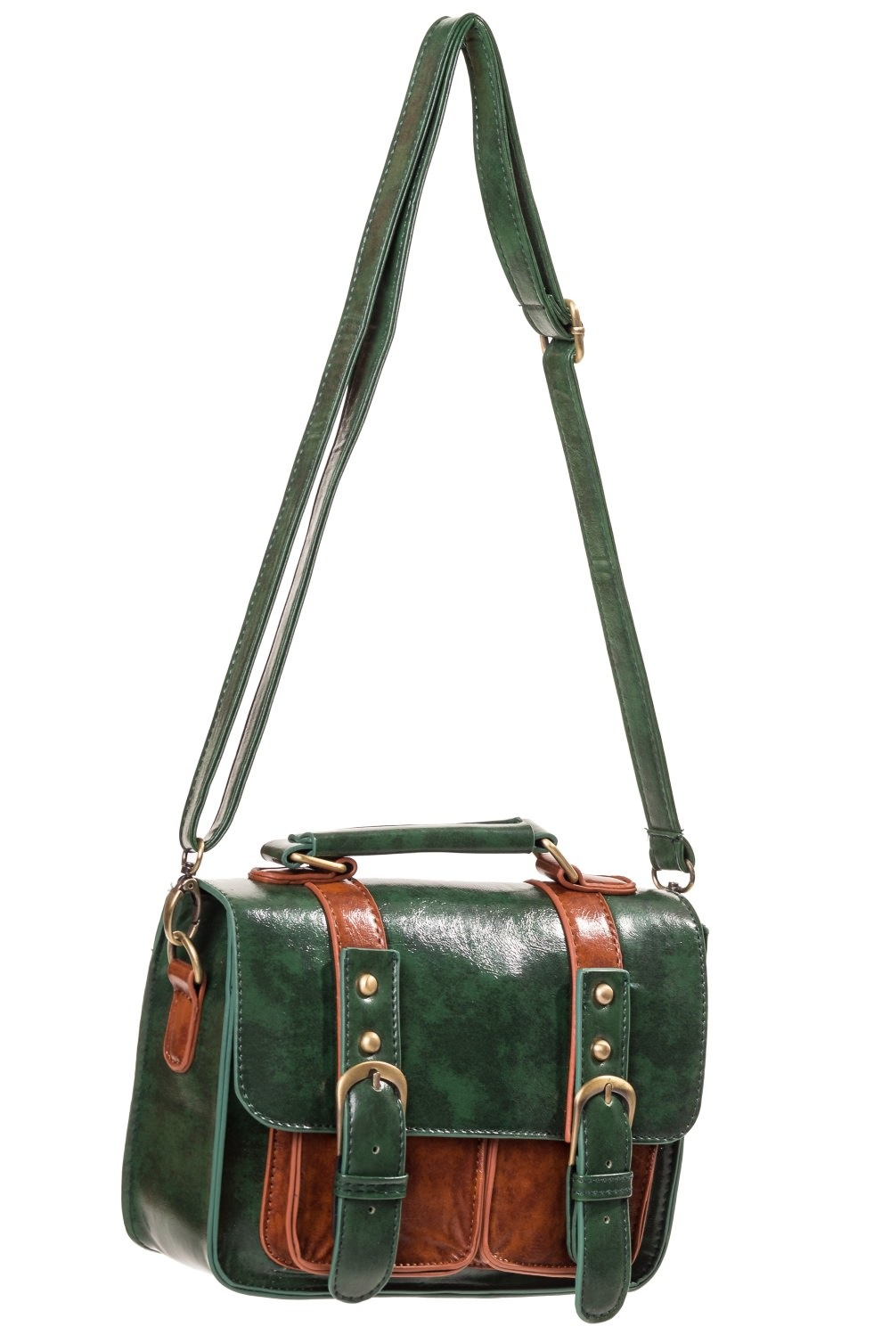 Banned | Retro Handtas Leila groen met tan details met klip gespen