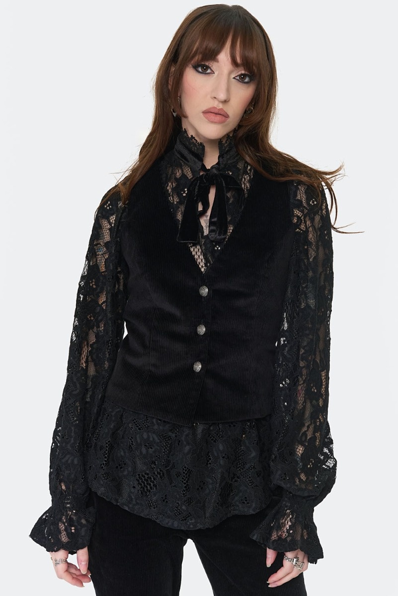 Jawbreaker | Korte zwarte ribcord gilet top met knoopsluiting Jawbreaker | Korte zwarte ribcord gilet top met knoopsluiting