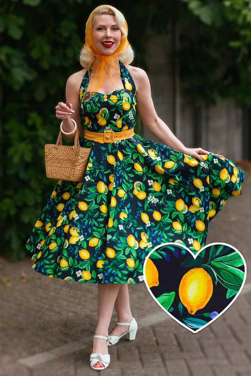 Dolly and Dotty | Daisy Lemon vintage halterswing jurk met citroenen print Dolly and Dotty | Daisy Lemon vintage halterswing jurk met citroenen print