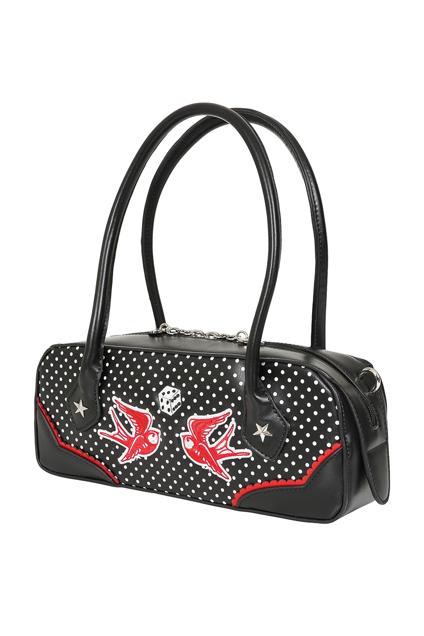 Banned | Rock 'n Roll handtas, zwart met witte stippen, rode zwaluwen en ritssluiting