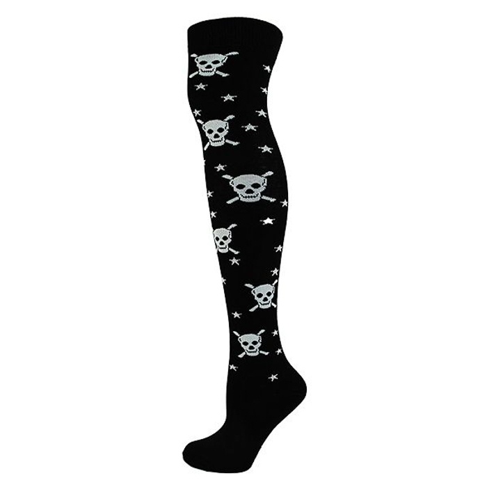 Macahel | Overknee sokken zwart met witte skulls en sterretjes Macahel | Overknee sokken zwart met witte skulls en sterretjes