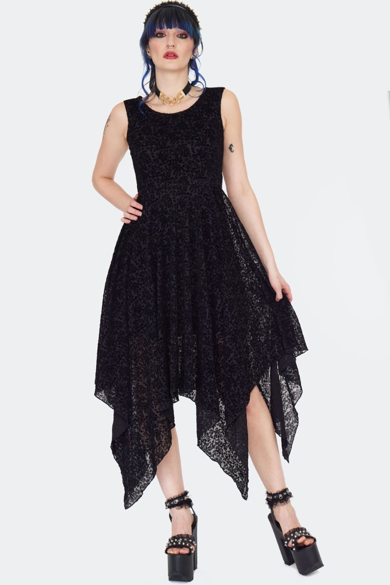 Jawbreaker | Kuitlange Gothic jurk, Hanky hem Witch style floral flock
