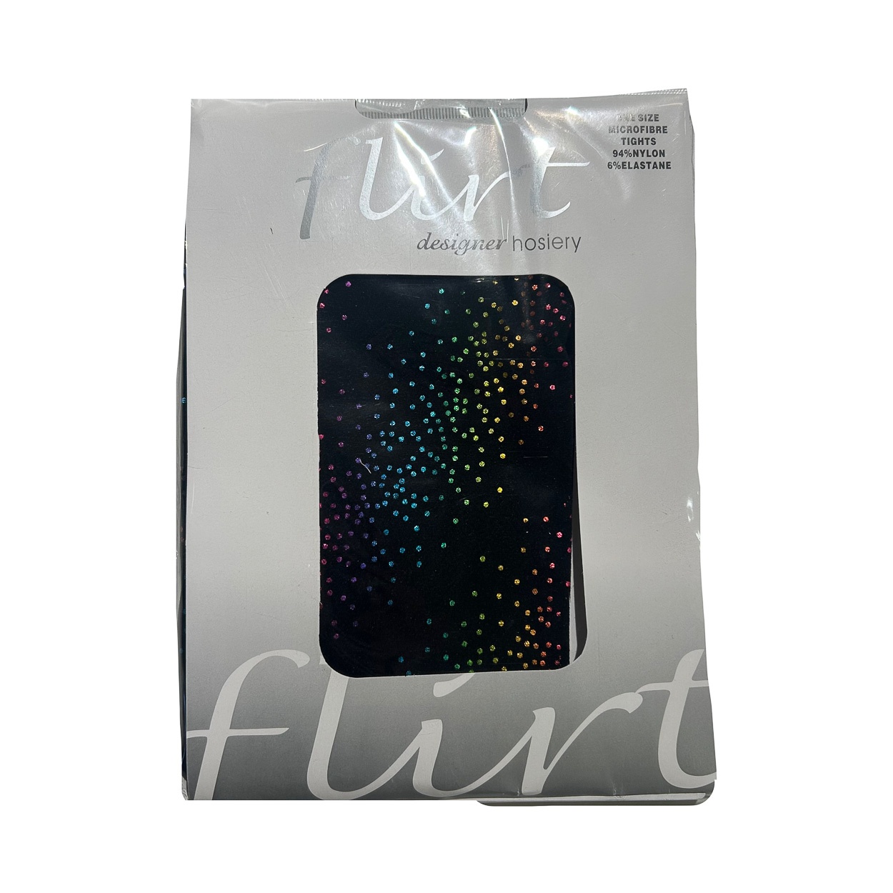 Flirt | Effen zwarte panty met regenboog metallic stipjes Flirt | Effen zwarte panty met regenboog metallic stipjes