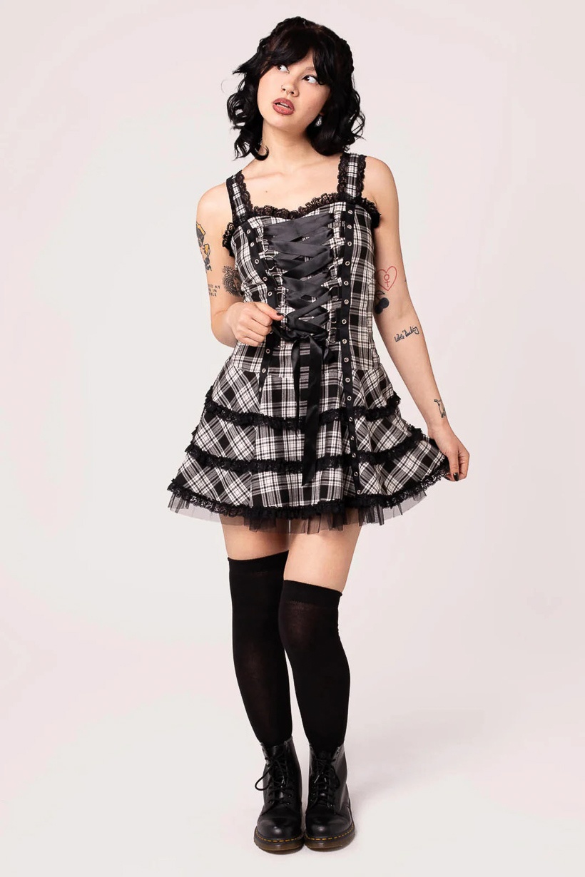 Hell Bunny | Punkjurkje Harley van zwart witte tartan met corsetlint