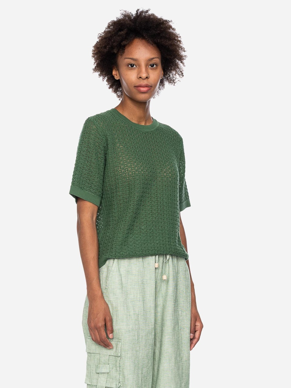 ATO Berlin | T-shirt Nanet van olijfgroen ajour-breisel, biokatoen ATO Berlin | T-shirt Nanet van olijfgroen ajour-breisel, biokatoen