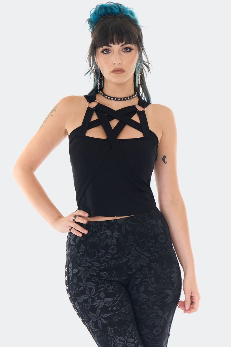 Jawbreaker | Gothic top met pentagram-shape straps halslijn en O-ringen