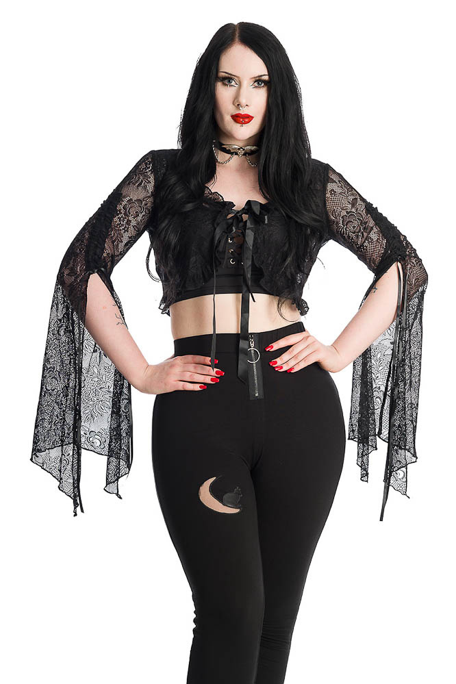 Banned | Top Morticia Lace zwart met vleermuismouwen