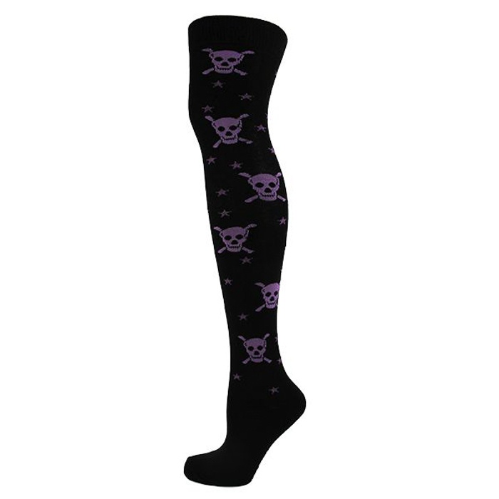 Macahel | Overknee sokken zwart met paarse skulls en sterretjes Macahel | Overknee sokken zwart met paarse skulls en sterretjes