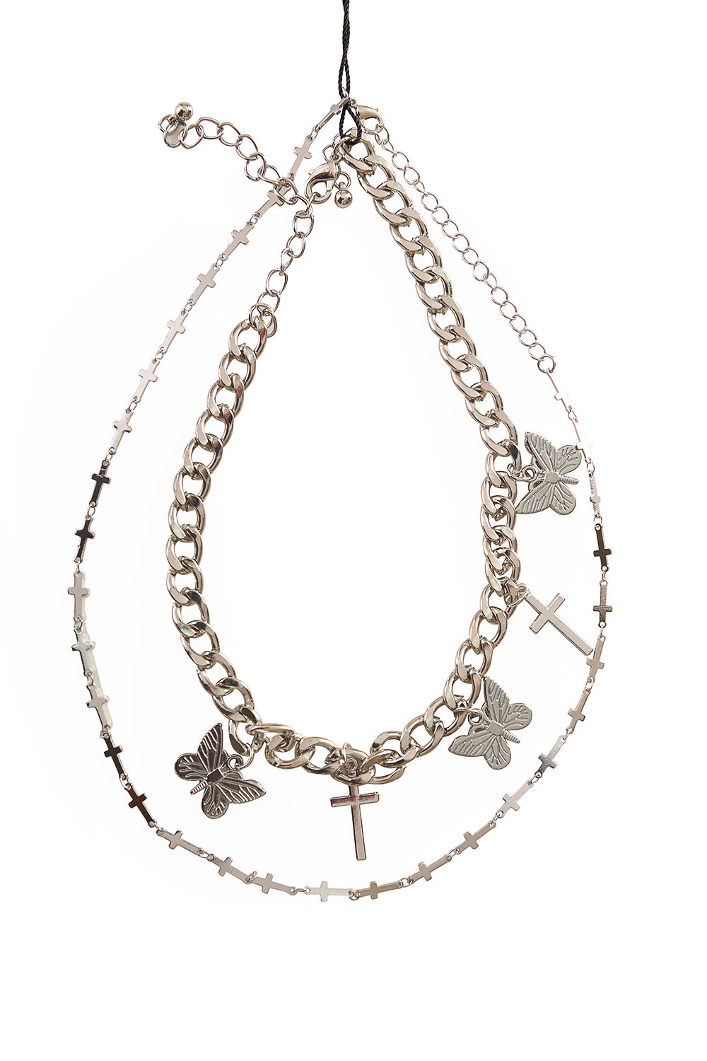 Banned | Goth halsketting Prey bird met dubbele ketting, kruisjes en vlinders