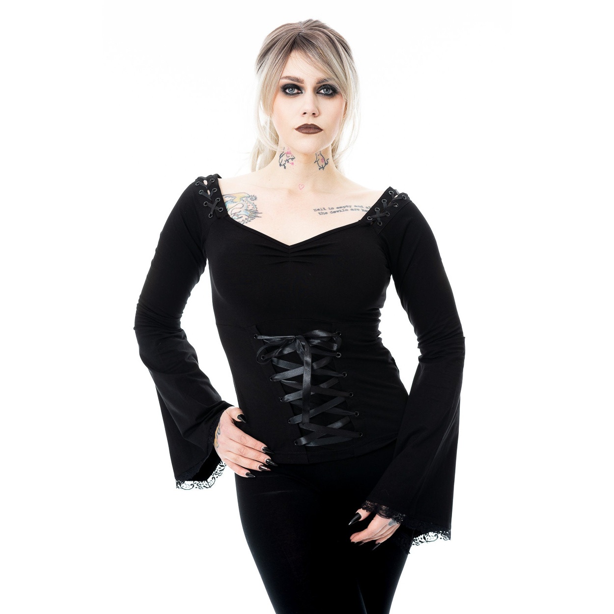Poizen Industries | Gothic top Maelys met korset-details en uitlopende mouwen