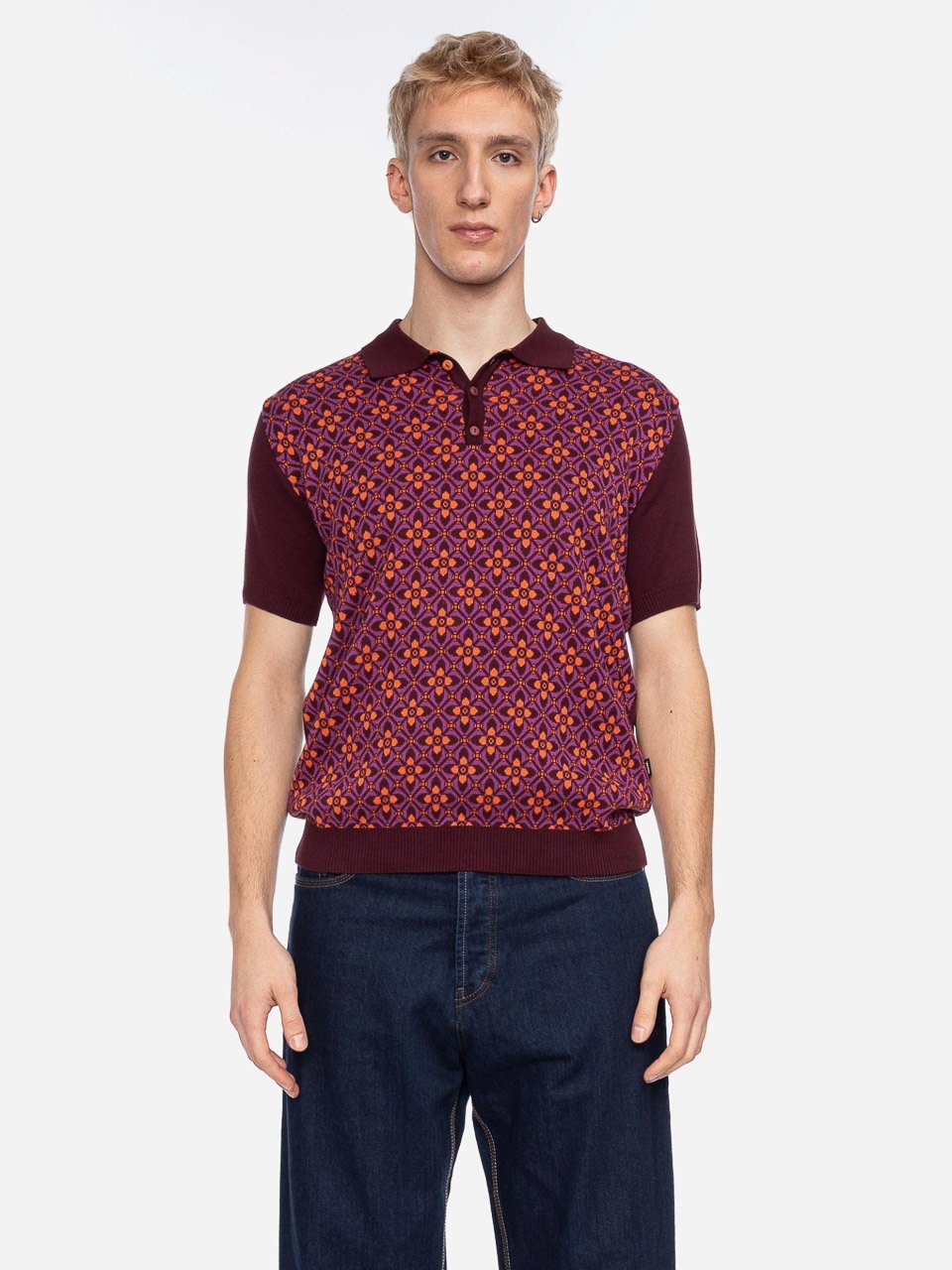 ATO Berlin | Polo Enky bio katoen met aubergine en oranje retro patroon ATO Berlin | Polo Enky bio katoen met aubergine en oranje retro patroon