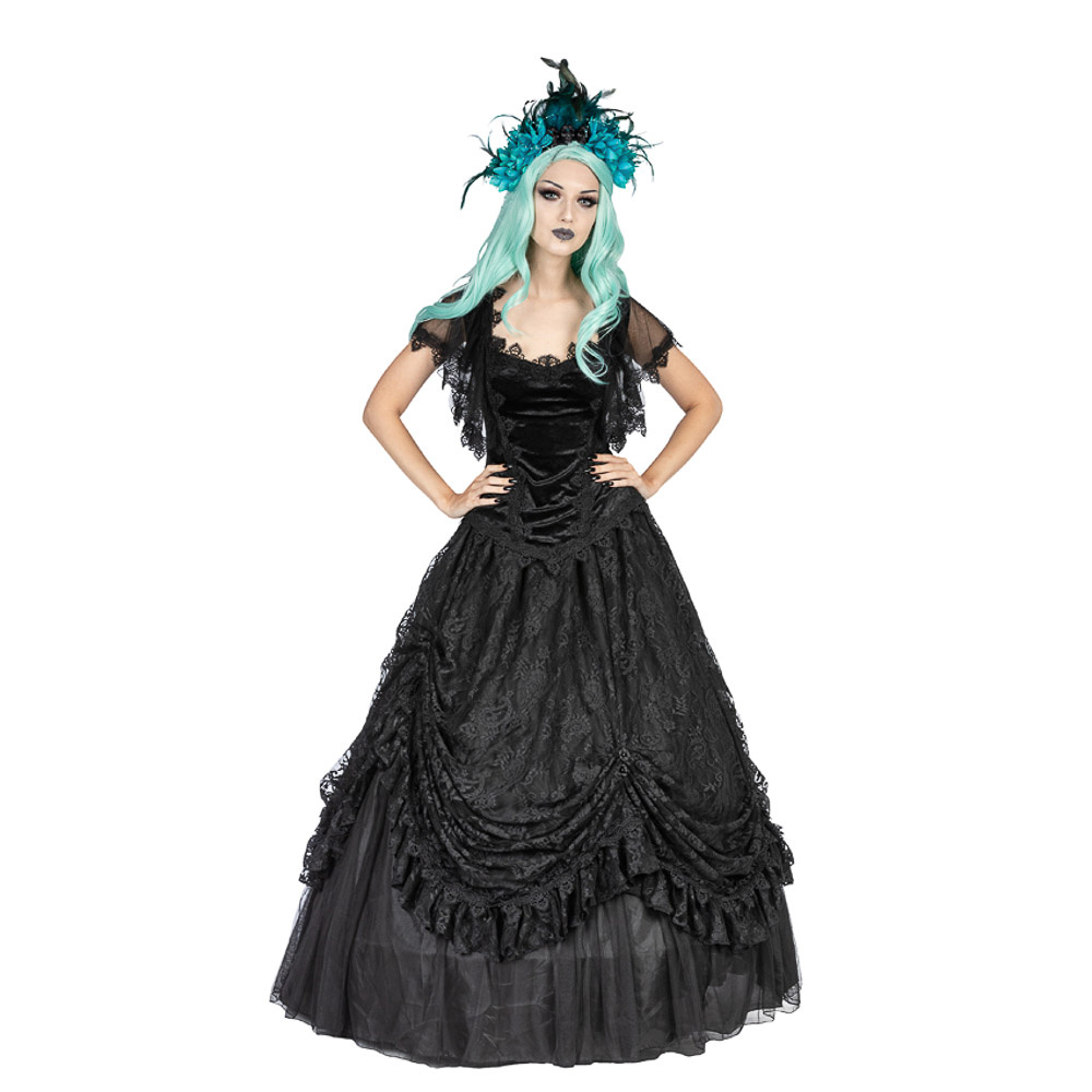 Sinister | Lange zwarte middeleeuwse rok Margareta, met tule satijn en Frans kant