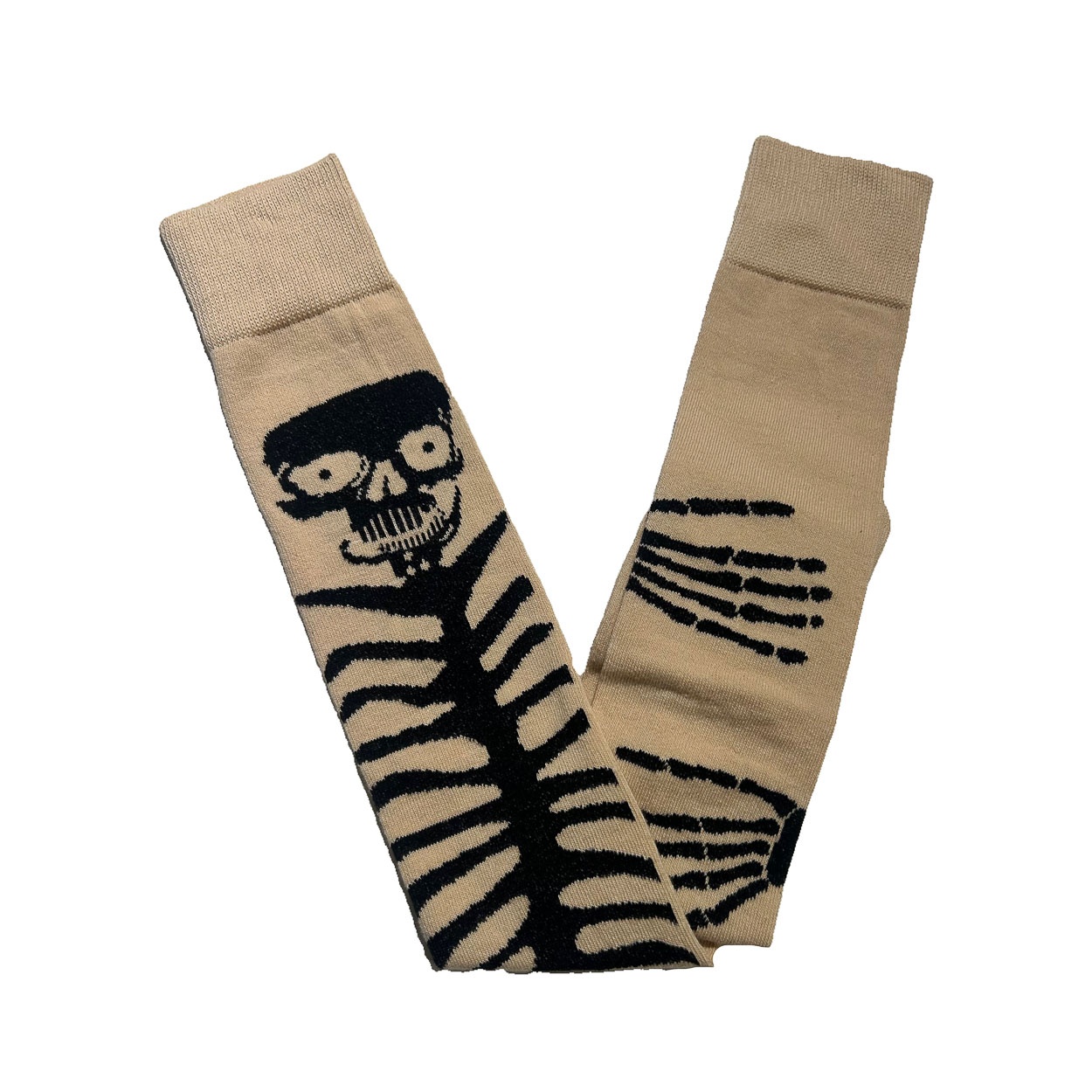 Flirt | Overknee sokken beige met zwart skelet en botjes hand Flirt | Overknee sokken beige met zwart skelet en botjes hand