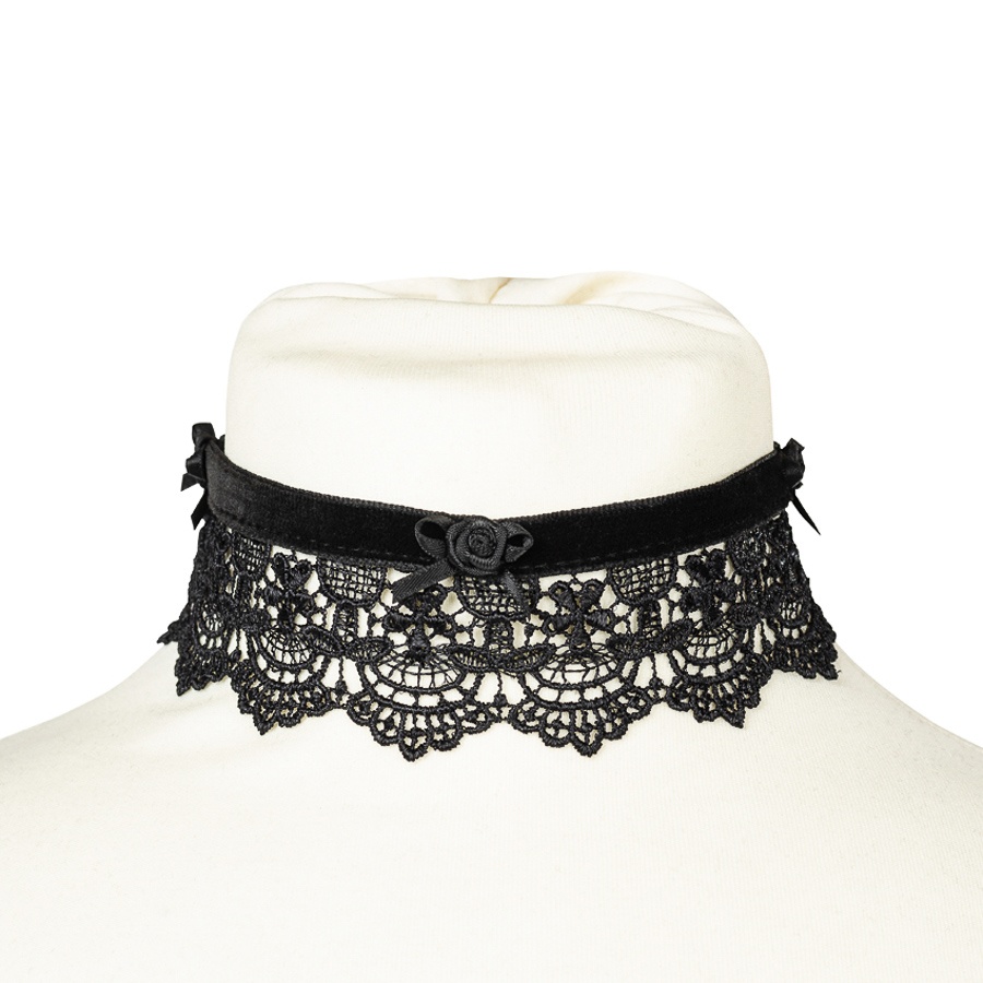Sinister | Gothic choker Ravenna, breed zwart kant met fluweel en roosjes